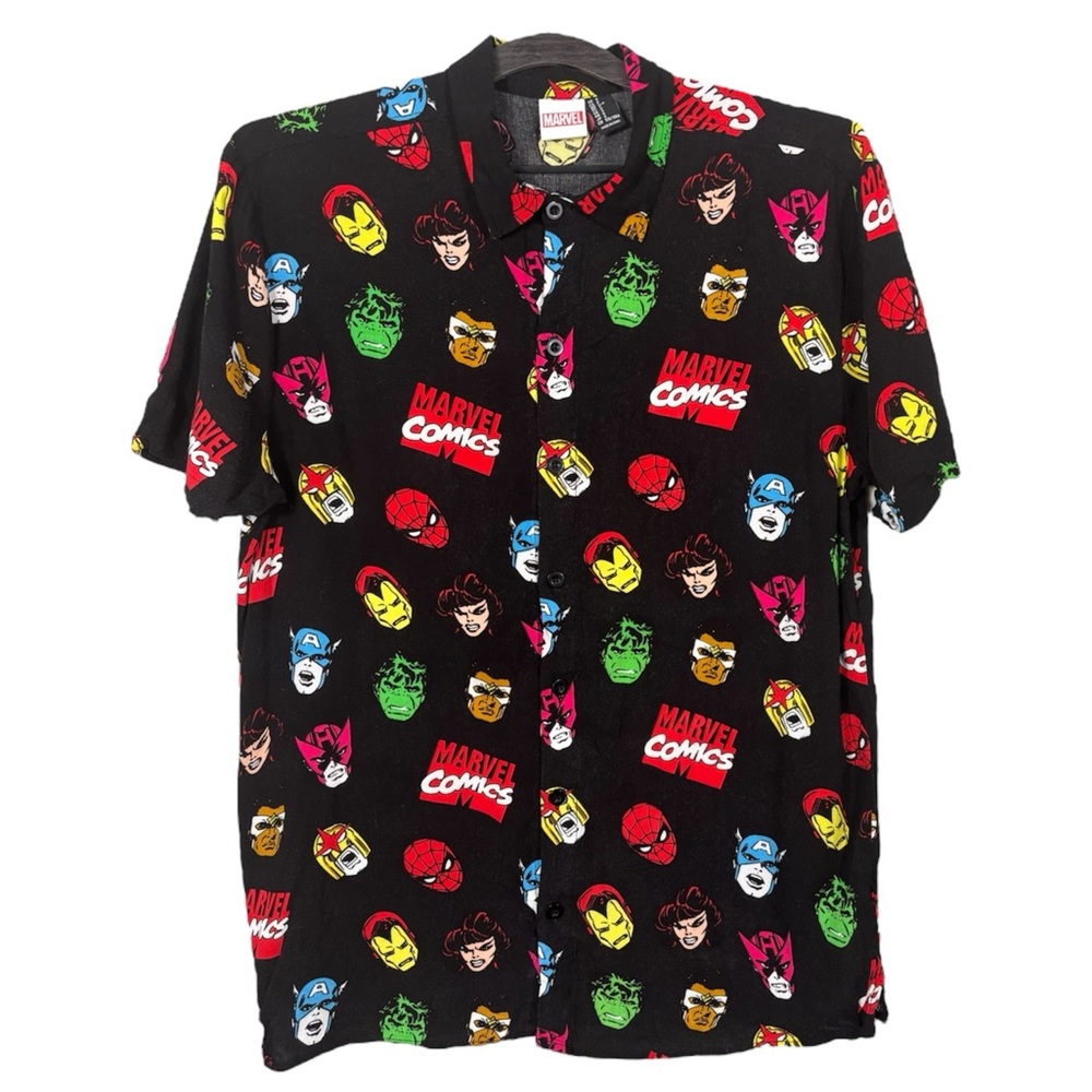 MARVEL COMICS Superhero’s Print Shirt Bottom Up Color Black Men’s Small
